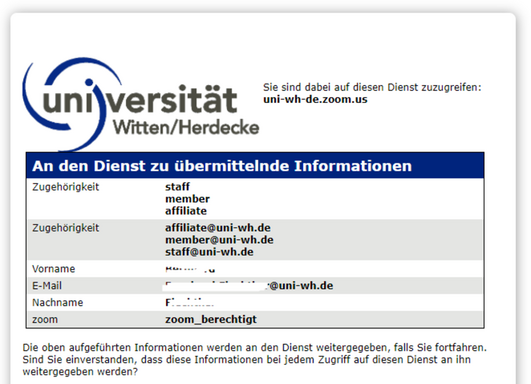 Screenshot The display now shows which data will be passed on to Zoom.