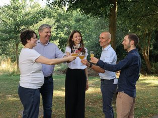 Five people clink glasses of wine.