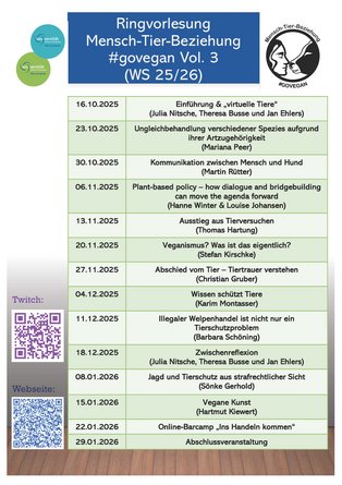 Ringvorlesung: Mensch-Tier-Beziehung #govegan (Foto: UW/H) Flyer Ringvorlesung: Mensch-Tier-Beziehung #govegan WS25/26