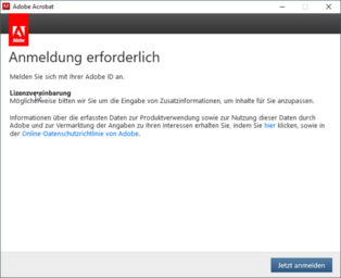 Screenshot der Anmeldung bei Acrobat